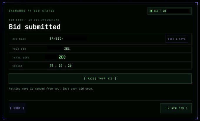 Screenshot of a ZKsnarks bid status page showing a successful bid submitted in ZEC, with a bid code of ZR-BID-2V3ISNZ47A8 and a countdown timer of 05:10:26.