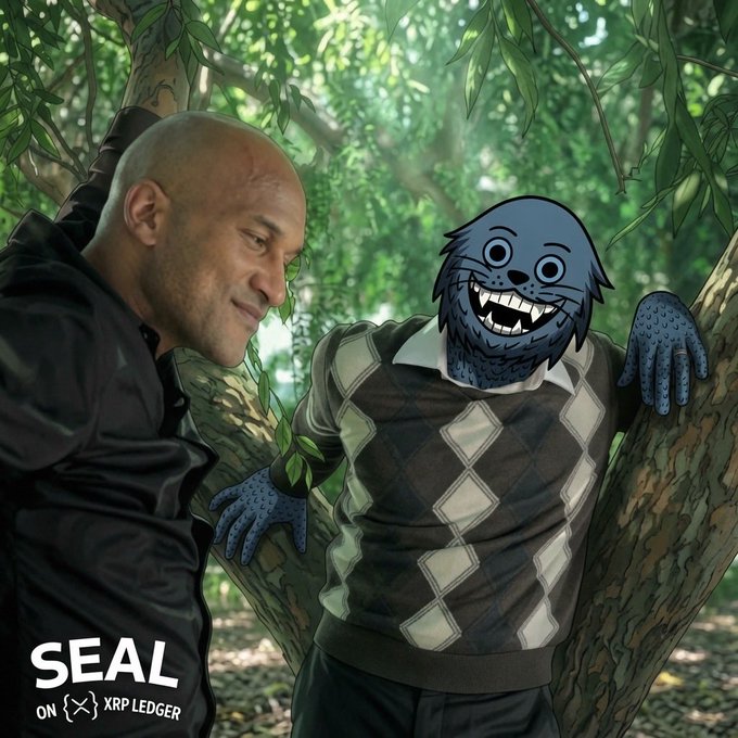The image shows a man with a shaved head leaning against a tree, smirking beside a cartoon blue creature in an argyle sweater who also leans against the tree with an exaggerated, teeth-baring grin, evoking a "not amused" meme reaction. The text "SEAL ON XRP LEDGER" appears in the bottom left corner, tying into the post's humorous "$SEAL" caption by depicting the "SEAL" mascot responding with a stunned, unamused expression.