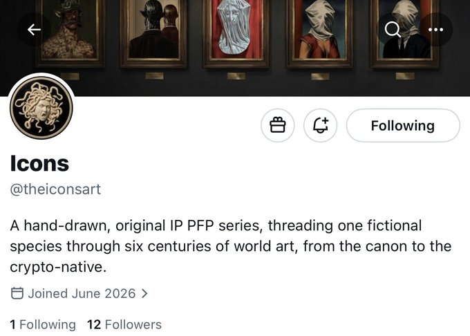 An X/Twitter profile page for "Icons" (@theiconsart) describing 'A hand-drawn, original IP PFP series, threading one fictional species through six centuries of world art, from the canon to the crypto-native.' Joined June 2026 with 12 followers.
