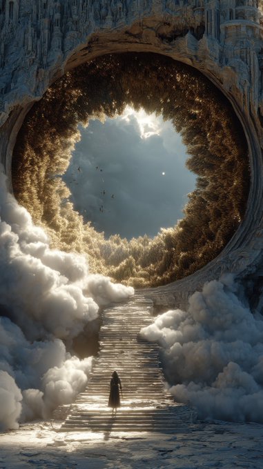 A surreal, dreamlike image shows a small figure walking up a long staircase of clouds toward a massive circular portal in the sky, surrounded by golden light and flying birds.
