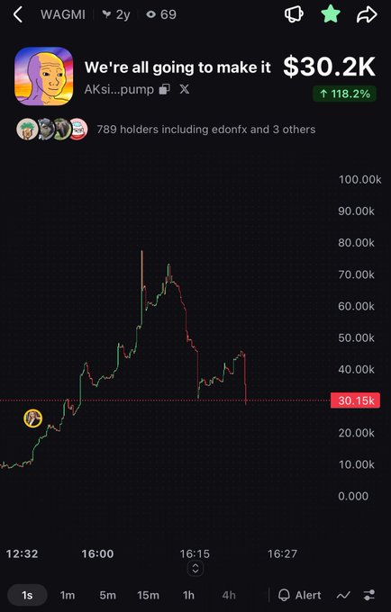 A cryptocurrency tracking app displays a token called 'WAGMI' (ticker: AKSi...pump) with a market cap of $30.2K, showing a 118.2% increase alongside a 2-year price chart that peaked near 80K.