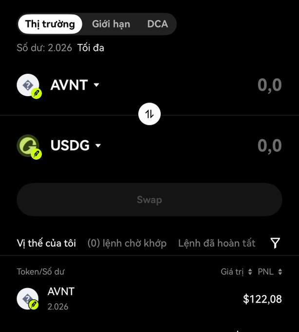 A screenshot of a cryptocurrency trading interface showing a swap between AVNT and USDG tokens, with AVNT valued at $122.08 and 2.026 in the portfolio.