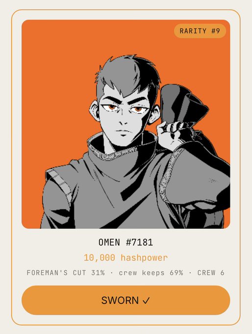 An NFT-style card with an orange background showing an anime-style illustration of a character named 'OMEN #7181,' labeled 'RARITY #9,' with stats '10,000 hashpower,' 'FOREMAN'S CUT 31% · crew keeps 69% · CREW 6,' and a 'SWORN ✓' badge.