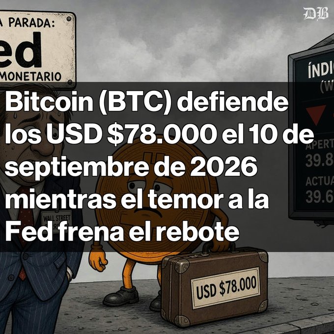 A Spanish-language news graphic from 'DB' featuring a Bitcoin cartoon character holding a briefcase labeled 'USD $78.000', with the headline 'Bitcoin (BTC) defiende los USD $78.000 el 10 de septiembre de 2026 mientras el temor a la Fed frena el rebote'.