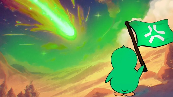 A cartoon-style illustration of a small green dinosaur-like character holding a green flag with a white symbol, facing a dramatic sky with a green meteor/comet streaking across.