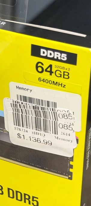 A yellow DDR5 RAM box displays "64GB 32GBx2 6400MHz" with a Best Buy price tag of $1,136.99 for memory.