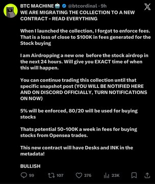 A tweet from 'BTC MACHINE' (@btccordinal) announcing they are migrating their collection to a new contract, explaining that close to $100k in fees was lost and detailing a 5%/80/20 fee structure, with plans to air drop to existing OpenSea holders.