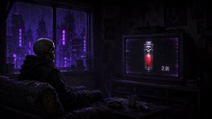 A dark, atmospheric digital illustration showing a skull-masked figure sitting on a couch watching an old CRT TV displaying a red vial with '2.01' text, with a rainy purple cyberpunk cityscape visible through the window.