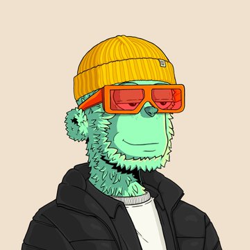A stylized illustration of a green-furred character wearing a yellow beanie and orange sunglasses, paired with a black jacket, complements the bullish sentiment expressed toward the DeGods and y00ts NFT projects, embodying the cool, confident "ape in" attitude often associated with NFT enthusiasts.