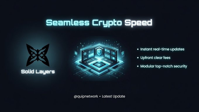 A promotional graphic for @quipnetwork titled 'Seamless Crypto Speed' featuring a butterfly logo, a digital security shield icon, and bullet points: 'Instant real-time updates', 'Upfront clear fees', 'Modular top-notch security'.