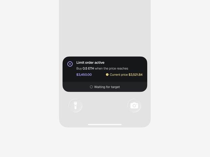 A digital interface displays a 'Limit order active' notification to 'Buy 0.5 ETH when the price reaches $3,450.00', showing the current price as $3,521.84 with a 'Waiting for target' status.