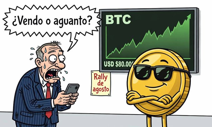 Cartoon of a sweating, panicked man asking '¿Vendo o aguanto?' while looking at a BTC chart showing a green rally and a sticky note labeled 'Rally de agosto', contrasted with a confident Bitcoin coin wearing sunglasses.