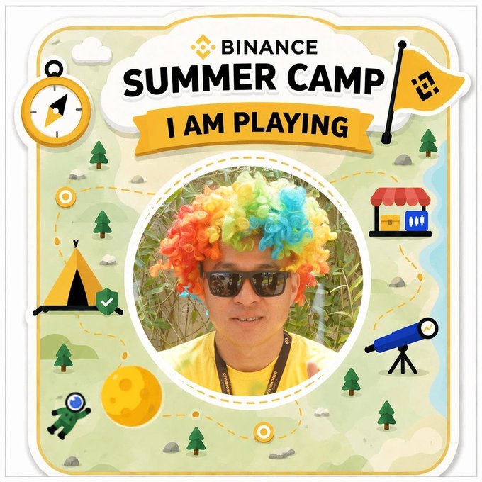 A Binance 'SUMMER CAMP I AM PLAYING' promotional graphic featuring a person wearing a colorful rainbow wig and sunglasses in the center.