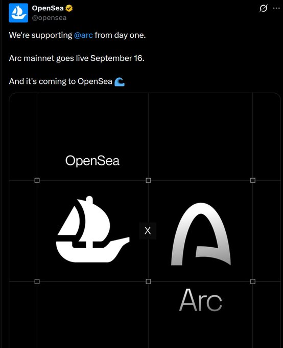 A tweet by @opensea announcing support of @arc from day one, with Arc mainnet going live September 16 and integrating with OpenSea, displayed alongside the OpenSea and Arc logos.