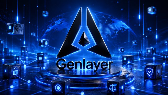 The image features a logo for GenLayer, which is an AI-powered smart contract platform. The logo consists of a blue triangle with a black diamond inside, surrounded by numerous cubes that are interconnected through lines. These cubes represent various elements related to the GenLayer platform, such as data blocks and smart contracts. The image also includes text that reads "GenLayer" and "AI-powered smart contracts require a completely different kind of infrastructure". This suggests that GenLayer is revolutionizing the way AI-powered smart contracts are built and managed by providing an innovative approach to blockchain technology.