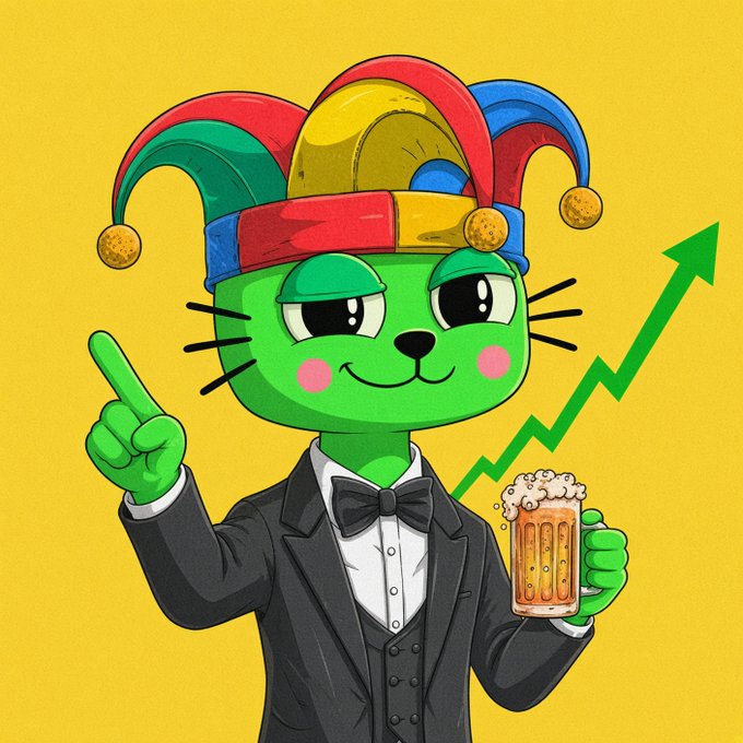 A cartoon green cat wearing a jester hat and tuxedo points upward while holding a mug of beer, with a green rising arrow behind it on a yellow background.