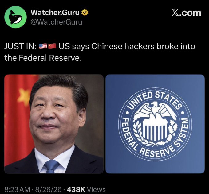This Watcher.Guru post claims "US says Chinese hackers broke into the Federal Reserve," featuring images of Xi Jinping and the Federal Reserve seal, which the accompanying text "Bro, cmon now. This is insane." finds unbelievable.