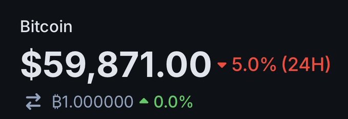 The image shows a screenshot of an online Bitcoin trading platform, specifically for the cryptocurrency, with the price displayed as $59,871,000 and 0.5% growth over 24 hours. This information is related to the current status of Bitcoin on this exchange where the value has increased by 0.5%. The post also says: "bitcoin:native The bottom we expected and hoped for is approaching." It appears that the image was taken during the peak trading time, when Bitcoin's value had increased compared to the previous day.