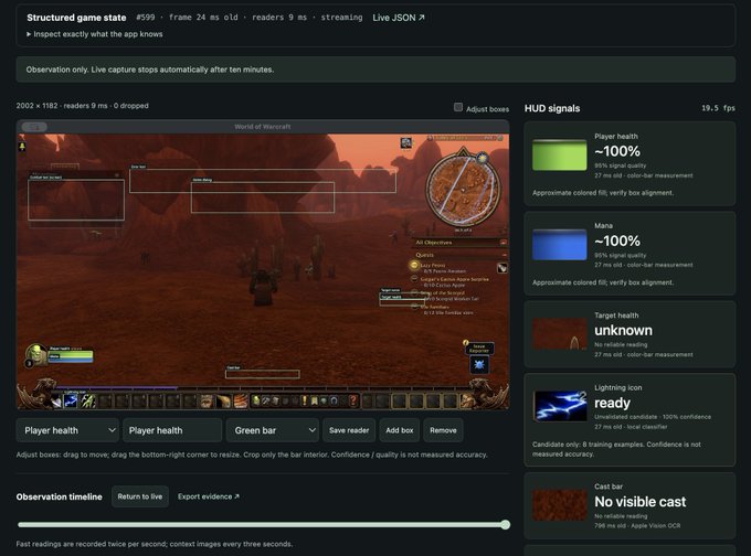 A live capture interface showing a structured game state for World of Warcraft, displaying HUD signals including 100% Player health, 100% Mana, and a ready Lightning Icon, at 19.5 fps.