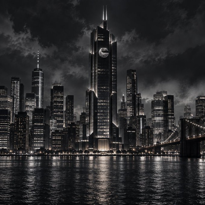 A black-and-white photo of a city skyline at night featuring a prominent skyscraper with a circular logo illuminated near its top, with a bridge visible on the right and water reflecting lights in the foreground.