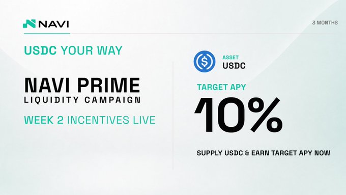 Promotional graphic for 'NAVI PRIME' liquidity campaign offering a target APY of 10% for supplying USDC over a 3-month period.