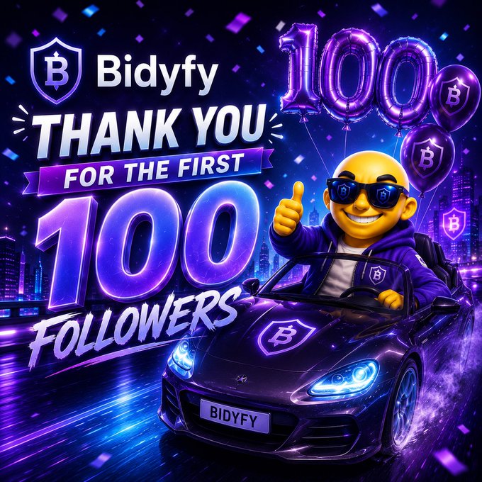 A promotional graphic for **Bidyfy** (@bidyfy_) celebrates reaching its first 100 followers, featuring a masked emoji-style character giving a thumbs-up from a purple sports car, along with "100" balloons, confetti, and the Bidyfy shield logo—visually reinforcing the milestone congratulated in the post.