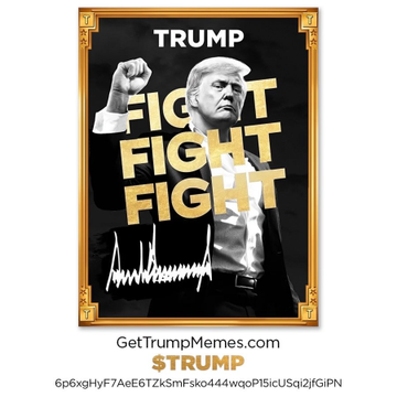 The image is a promotional graphic featuring Donald Trump with his fist raised in front of a gold ornate frame, overlaid with the bold text "TRUMP FIGHT FIGHT FIGHT" and a soundwave design, branded with "GetTrumpMemes.com" at the bottom. The image relates to the accompanying post by visually reinforcing Trump's combative, fight-ready persona while highlighting the stark contrast between his reported $600M memecin profits and the $3.8B losses suffered by nearly 1M buyers, framing him as a winner in a battle that left many investors behind.
