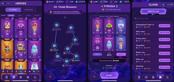 The image showcases a mobile game's hero collection and clan interface, featuring character names like "Violet Blossom" and "Pyrosia 2," alongside a clans list with teams such as "Sleepagotchi Team," "Dino Team," and "Sleep_stars"—notably the Sleepagotchi Team appears in the clan list, tying directly to the Sleepagotchi brand expanding into Japan, Philippines, and Korea through Soneium and LINE partnerships.