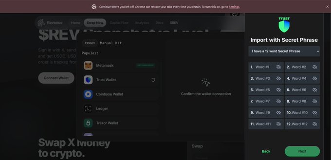 A Trust Wallet import screen prompting for a 12-word secret phrase, shown as a potential fake $REV crypto site.