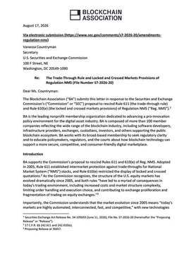 A SEC rulemaking document dated August 17, 2026, regarding "Regulation NMS" (File Number S7-2026-20), to which the Blockchain Association submitted a letter urging repeal of outdated Rules 611 and 610(e) to modernize rules for tokenization.