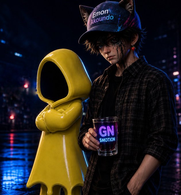 An anime-style character wearing a cap with 'Emon Akoundo' text holds a glass reading 'GN SMOTION' while standing next to a yellow figure in a dark, neon-lit environment.