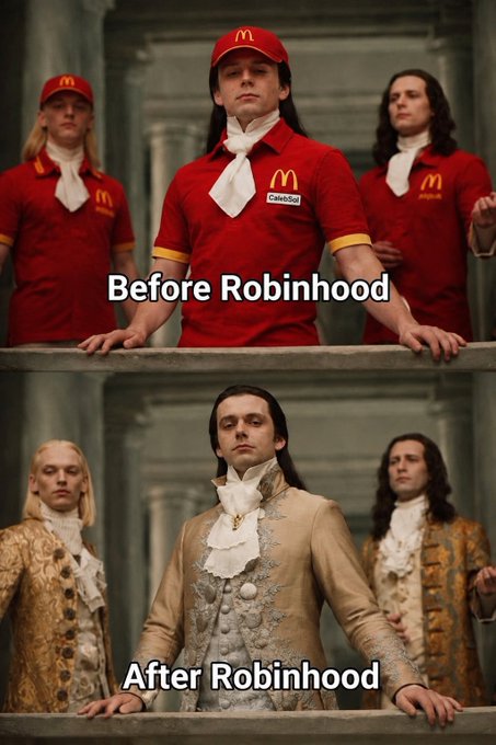 The image is a two-panel meme showing the same scene with the characters' outfits digitally altered. The top panel, labeled "Before Robinhood," shows three men in red McDonald's-style polo shirts and caps with the golden arches logo. The bottom panel, labeled "After Robinhood," shows them in elaborate, gilded 18th-century aristocratic finery with gold brocade waistcoats and ruffled cravats.

The meme humorously illustrates the post's point about emerging from the "Solana trenches" (referring to volatile crypto trading) with newfound wealth—transforming from fast-food worker uniforms to opulent noble attire, suggesting instant riches and a dramatic upgrade in status.