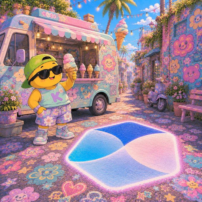 A vibrant, cartoon-style scene featuring a yellow character in a green cap and sunglasses holding ice cream in front of a floral-decorated ice cream truck, with a glowing yin-yang symbol painted on the colorful street.