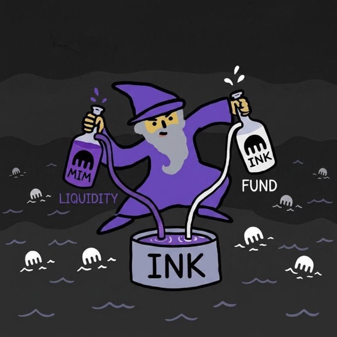 A cartoon wizard in purple robes pours liquids labeled "LIQUIDITY" (MIM) and "FUND" (INK) into a cauldron marked "INK," surrounded by small drowning figures.