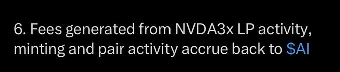 The image displays text on a black background stating: "6. Fees generated from NVDA3x LP activity, minting and pair activity accrue back to $AI," highlighting that returns from the NVDA3x liquidity pool flow back to the $AI token.