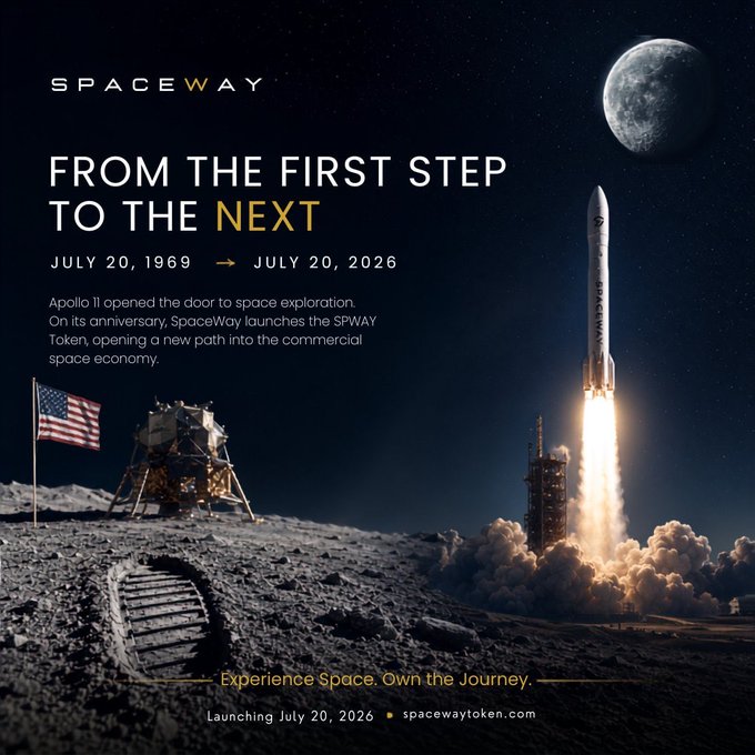 A promotional graphic for SpaceWay and the SPWAY Token features the tagline "From the First Step to the Next," juxtaposing the Apollo 11 lunar landing with a rocket launch, scheduled to launch on July 20, 2026 at spacewaytoken.com.