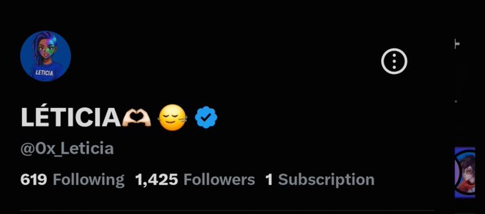 A Twitter/X profile card for 'LÉTIICIA' (@0x_Leticia) with 619 Following, 1,425 Followers, and 1 Subscription, featuring a blue avatar and emojis in the display name.