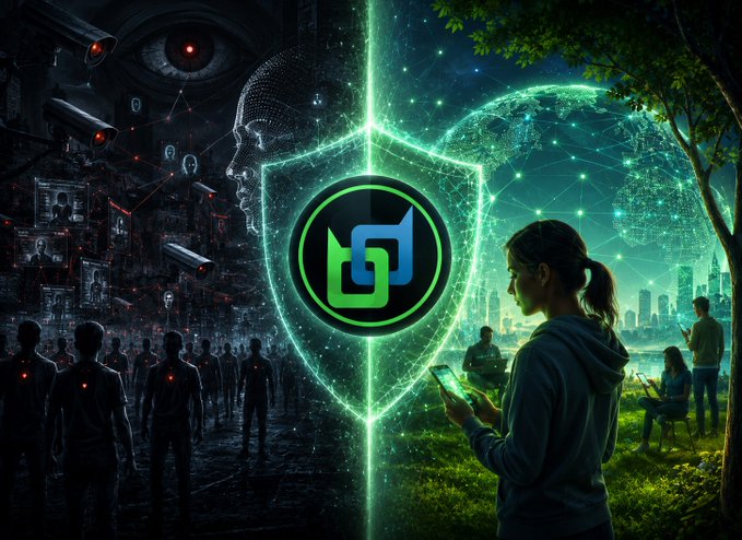 AI-generated digital artwork split by a glowing green shield with a stylized "b" logo, contrasting a dystopian surveillance scene with humanoid figures and cameras on the left against an optimistic green cityscape with people on phones on the right.
