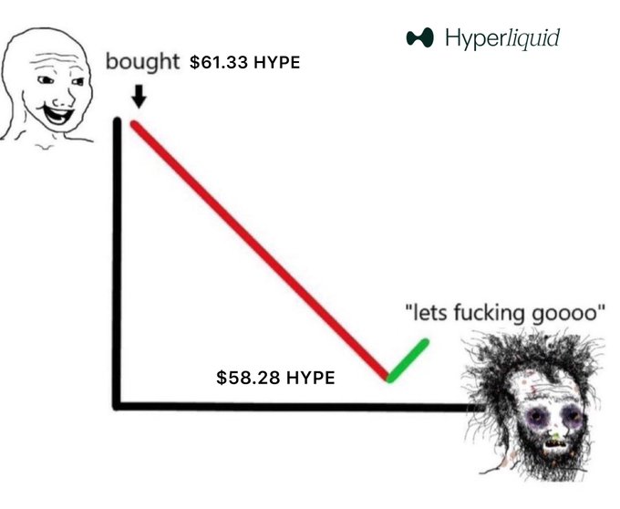A meme graph showing the price of HYPE on Hyperliquid dropping from $61.33 to $58.28, with a Wojak celebrating the dip with "lets fucking goooo," reflecting the post's optimism about a bounce.