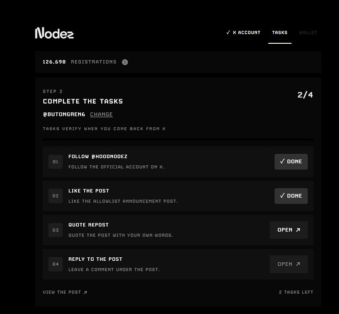 The image shows the "Nodez" platform's Step 2 task verification page with 126,698 registrations, requiring user @BUTONGRENG to complete four Twitter tasks (follow @HOODNODEZ, like, quote repost, and reply to the allowlist post), with 2 tasks remaining.

This aligns with the post's guidance about completing the first tweet's three engagement tasks on the official site to participate in the Robinhood App NFT distribution, noting the project has notable holders like @Quotrons404 and @virtuals_io among its followed accounts.