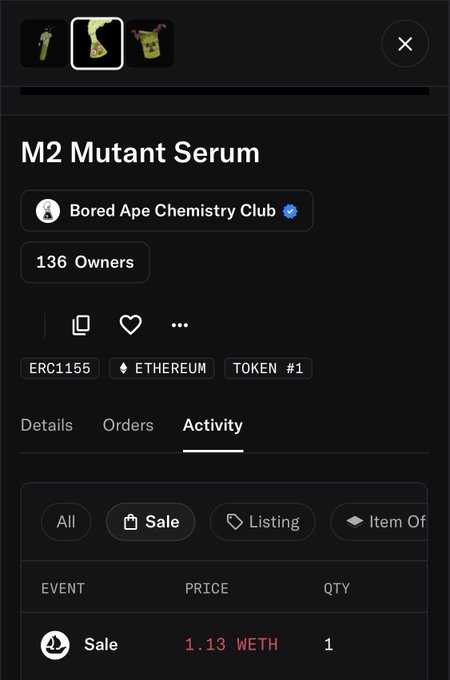 The image shows an OpenSea listing page for an "M2 Mutant Serum" NFT from the Bored Ape Chemistry Club collection, displaying 136 owners, with the Activity tab highlighting a recent sale for 1.13 WETH—matching the post's complaint about someone selling the serum at that suspiciously low price while the commenter has been searching for one under 2 ETH.