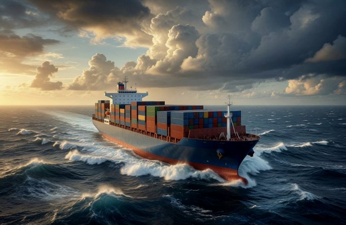 A large cargo ship loaded with colorful shipping containers sails through choppy ocean waters under a dramatic sky filled with sunlit clouds.