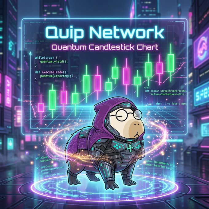 A cute capybara in a futuristic cyberpunk outfit stands before a glowing display titled "Quip Network - Quantum Candlestick Chart" featuring green and magenta trading candlesticks and quantum programming code, visually representing the post's message that Quip Network is unifying quantum resources globally to solve optimization problems rather than simply pursuing faster computation.