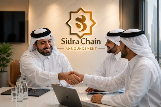 Executives in traditional Gulf attire shake hands at a conference table with a laptop, set against a wall displaying the "Sidra Chain ANNOUNCEMENT" logo, visually reinforcing the forthcoming SidraStart DEX official launch teaser for September 1.