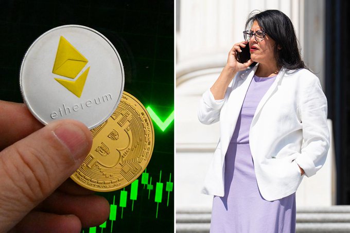 The left side of the image shows two physical cryptocurrency coins—one labeled "ethereum" with its distinctive yellow logo and another gold coin featuring a Bitcoin design—held in front of a green trading chart with an upward arrow indicating price gains. The right side depicts a woman in a white blazer and lavender dress speaking on a cell phone, likely representing the official mentioned in the post who, despite her skepticism about crypto clarity, has notably avoided calling Bitcoin or Ethereum outright scams.