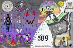 A colorful, detailed surrealist illustration featuring various whimsical characters, symbols, moons, and the number "589" in the center.