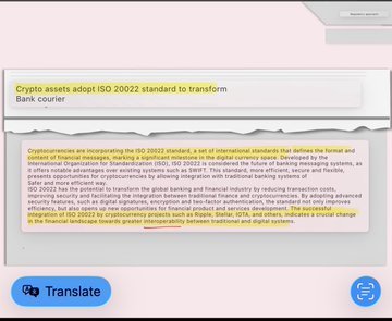 The image shows a screenshot of an online banking page that displays information about ISO 20022, a standardized exchange rate system used by financial institutions for currency conversions. The text below this photo indicates that ISO 20022 has already been implemented in the bank's systems and is designed to facilitate seamless integration with various compliant blockchain networks like Ripple. This facilitates smoother and faster transactions across different digital currency platforms while maintaining security and integrity.