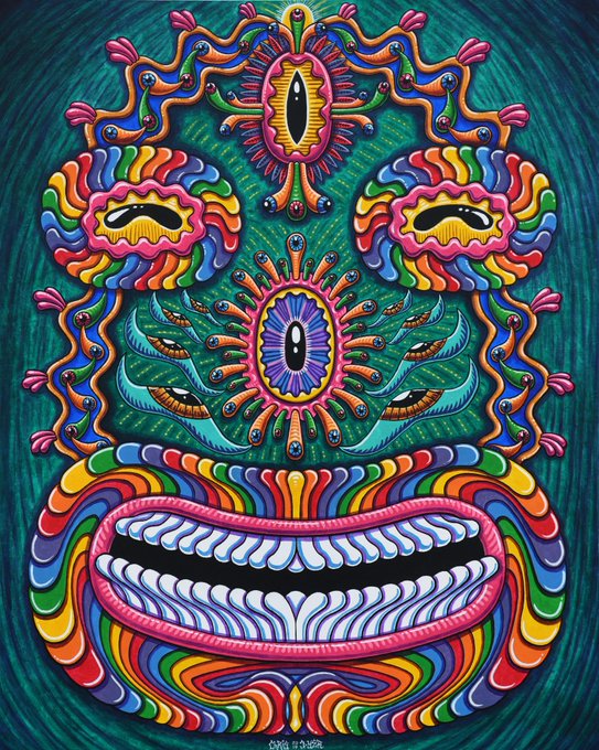 A vibrant, psychedelic illustration of a face with multiple eyes, colorful wavy patterns, and a wide grinning mouth, signed "CHRIS HAJON 2020".