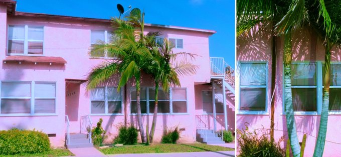 The image features a pink building with two palm trees growing outside of it. The building has multiple windows and appears to be located in California. There are also two other pictures in the image, one showing the front side of the building and another showing the backside. These additional images provide more context about the building's appearance and surroundings.
