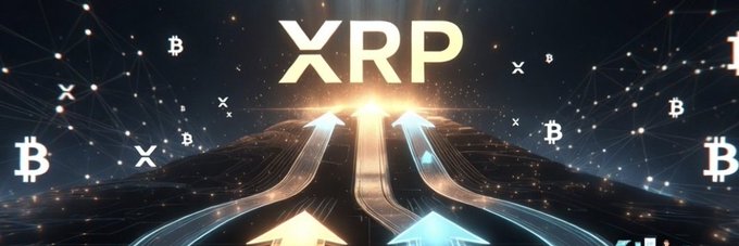 A digital graphic featuring the text 'XRP' in large gold letters at the top, with upward-pointing arrows rising from the bottom, set against a dark background scattered with Bitcoin and XRP symbols connected by a network of lines.